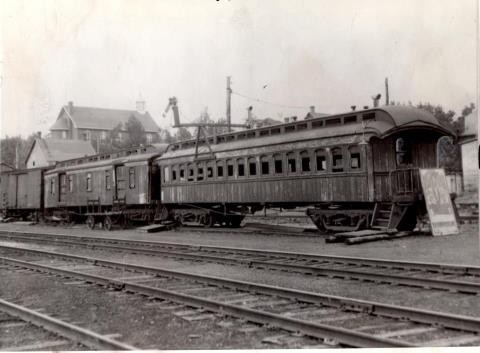 Train car used as temporary train station after Great Fire of Callander in 1931